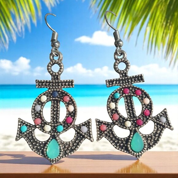 Anchor Nautical Dangling Earrings Women Beach Core Vacation Bali Boat Vacation - Picture 1 of 5